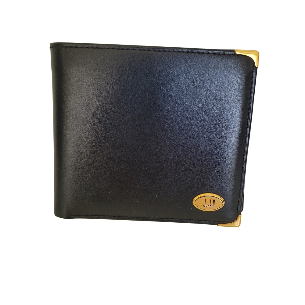 Dunhill London Mens Black Calf Leather Bifold Wallet Gold Hardware Coin Pocket